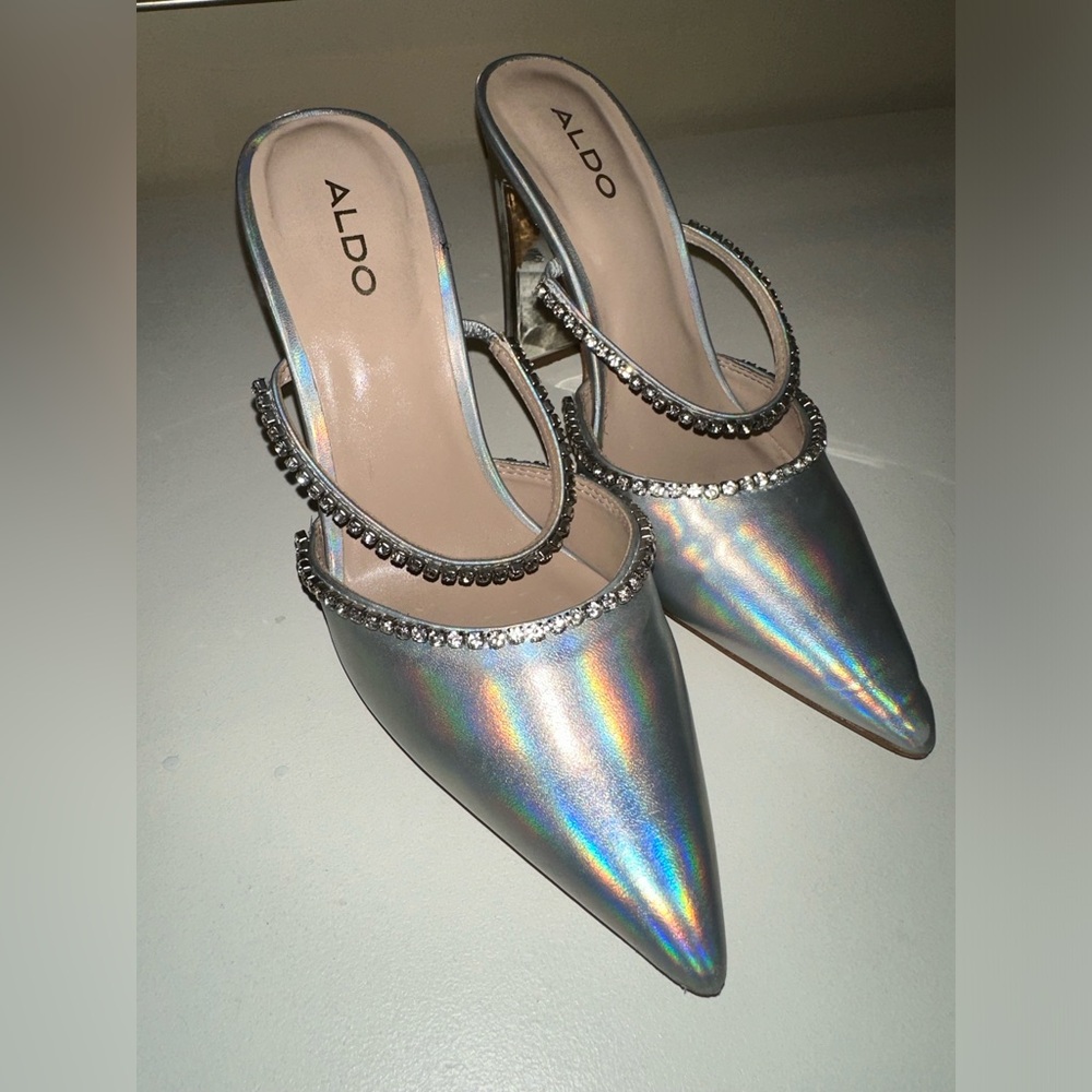 Aldo iridescent Silver slip on mules with rhinestones